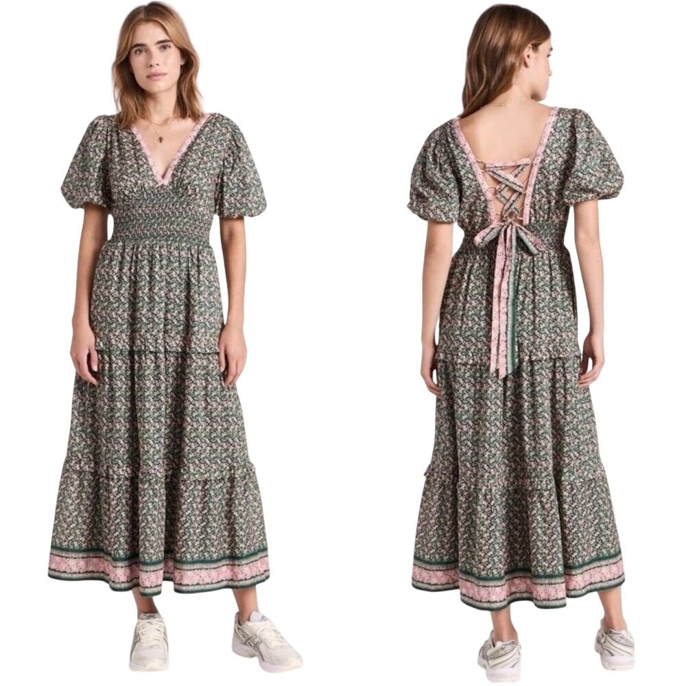 Trovata Birds of Paradis Nellie Floral Midi Dress Smocked Tiered Medium